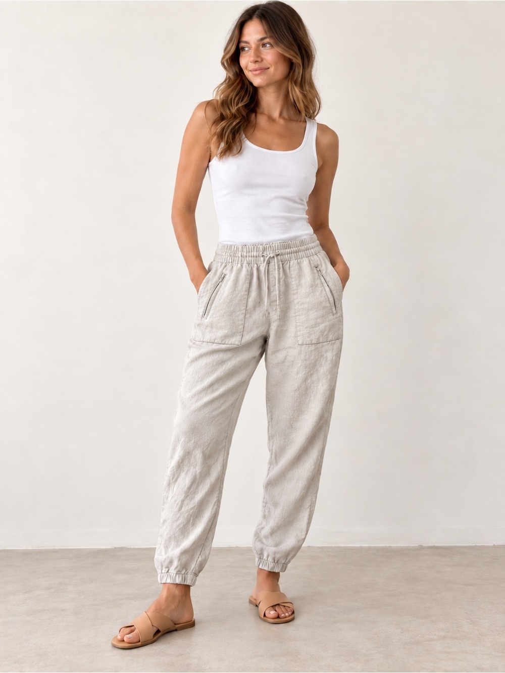 ATHLETA Cabo Linen Jogger Pants Large Natural Ivory Oatmeal Resort Coastal